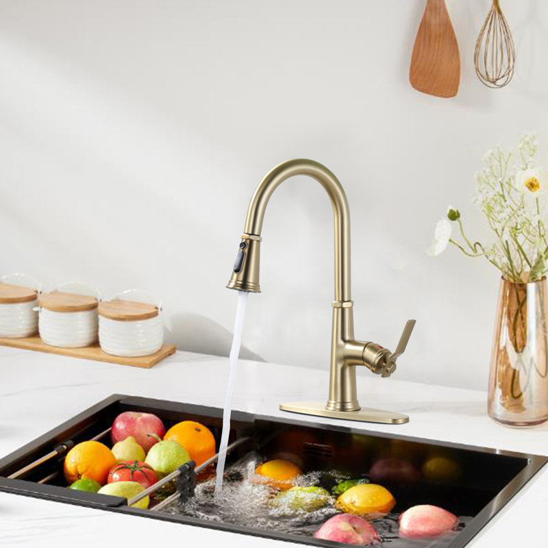 Stainless Steel 3-Function Single Handle Pull Down Kitchen Faucet With Deckplate, Gold