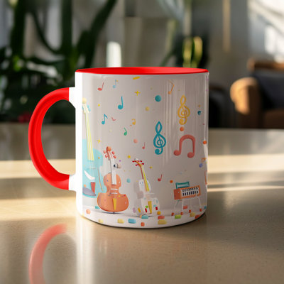 Kids Drawing Style 11oz Accent Mugs – Ceramic Coffee Cup with a Red Handle and Interior