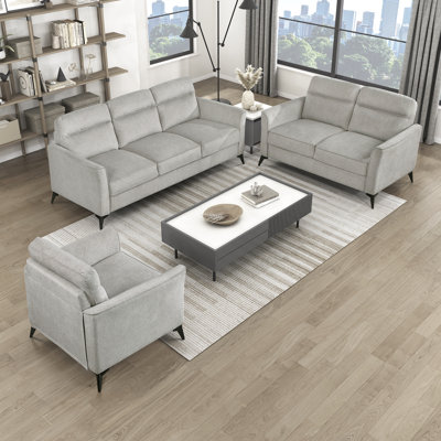 Olegas Modern & Contemporary Textured Microfiber 3-Piece Living Room Set with High-Density Foam over Pocket Coils & Sleek Metal Legs by Wrought Studio