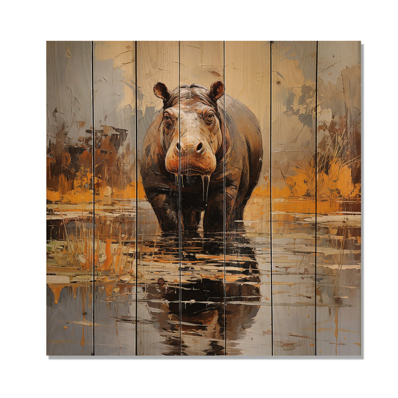 Hippopotame, roi des savanes 5 - Hippopotame sur bois, H 36 po x l 36 po