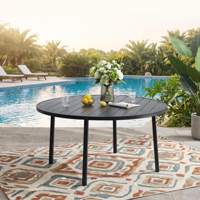 Metal Outdoor Table, Round Table for 6 with Umbrella Hole, Patio Table with Modern Minimalist Design
