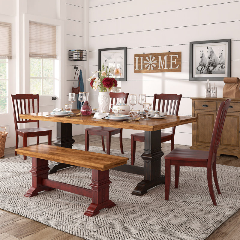 Fortville 78" Solid Wood Oak Finish Top Dining Set With Spindle Back Chairs - 6-Piece, Antique Black Base Table, Antique Red Base Chairs And Bench