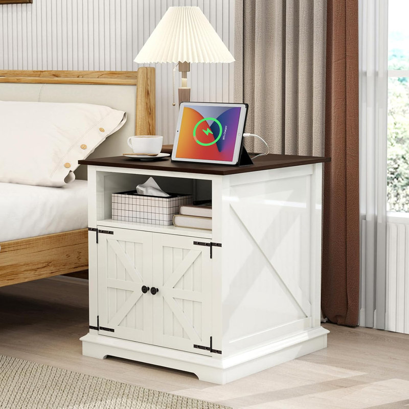24" Modern Farmhouse Nightstand & End Table With 2-In-1 Built-In Charging Station & Double-Door Storage, White, Individual