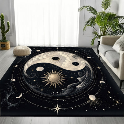 Tapis céleste artistique Yin Yang, motif de constellation de lune de soleil cosmique or noir, tapis antidérapant, décoration intérieure artistique chic pour salon, chambre à coucher, bureau, dortoir
