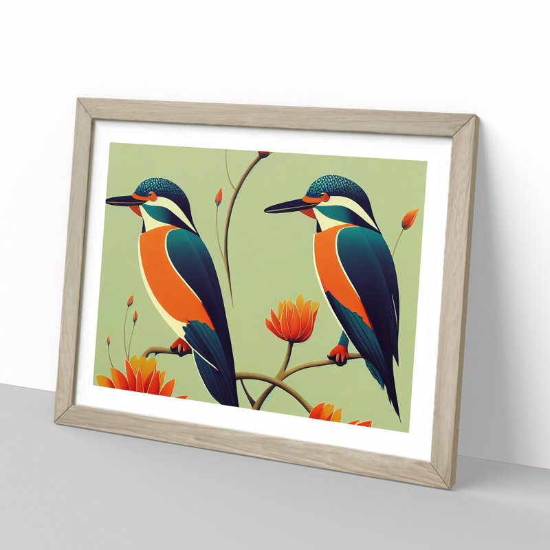 Kingfisher Birds Deco - Framed Print, 46cm H x 64cm W x 2cm D, Oak