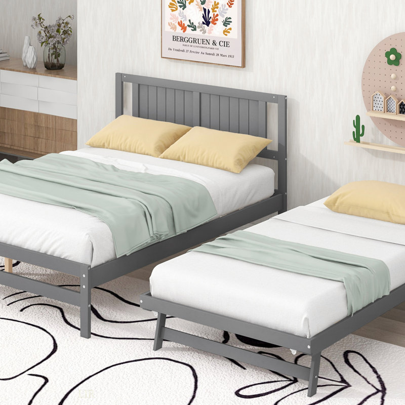 Lit plateforme double avec lit gigogne réglable, gris