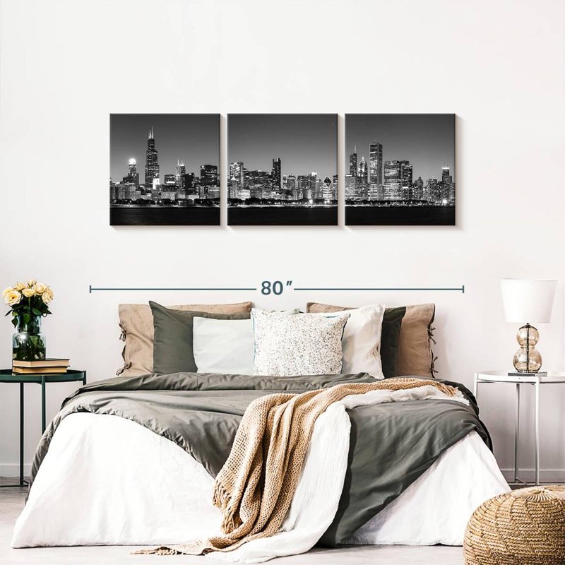 Noir Chicago Skyline, 3 pièces, H 24 po x l 74 po x P 1,25 po
