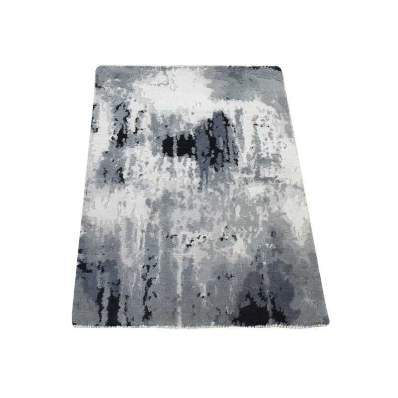 2 pi x 3 pi noir avec des touches d'ivoire, noué à la main, motif abstrait, laine et soie, oriental, tapis, échantillon, tapis