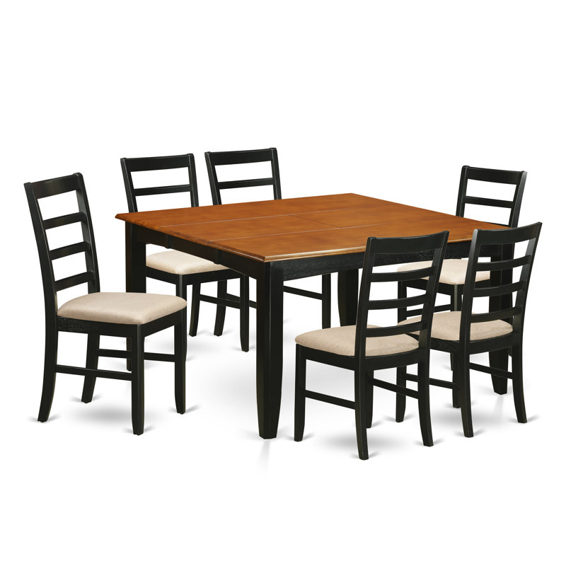 7 Piece Dining Table Set Consist of a Square Dining Room Table with Butterfly Leaf and 6 Linen Fabric Chairs, Black & Cherry