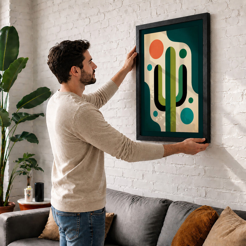Geometric Cactus Mid-Century - Framed Print, Black, A4 - 29.7 x 21.0 cm