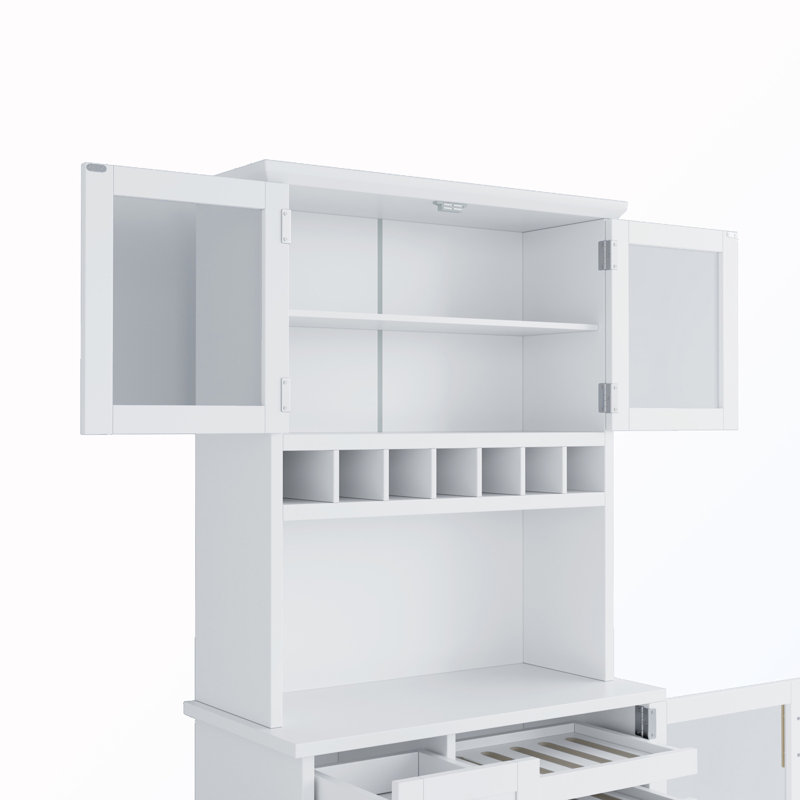 Armoire de rangement de garde-manger autoportante avec huche et support à vin et tablettes réglables, White