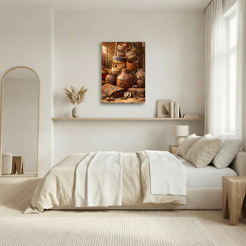 Art mural sur toile, paniers suspendus et poterie en bois dans des tons terreux rustiques, H 30 po x l 20 po
