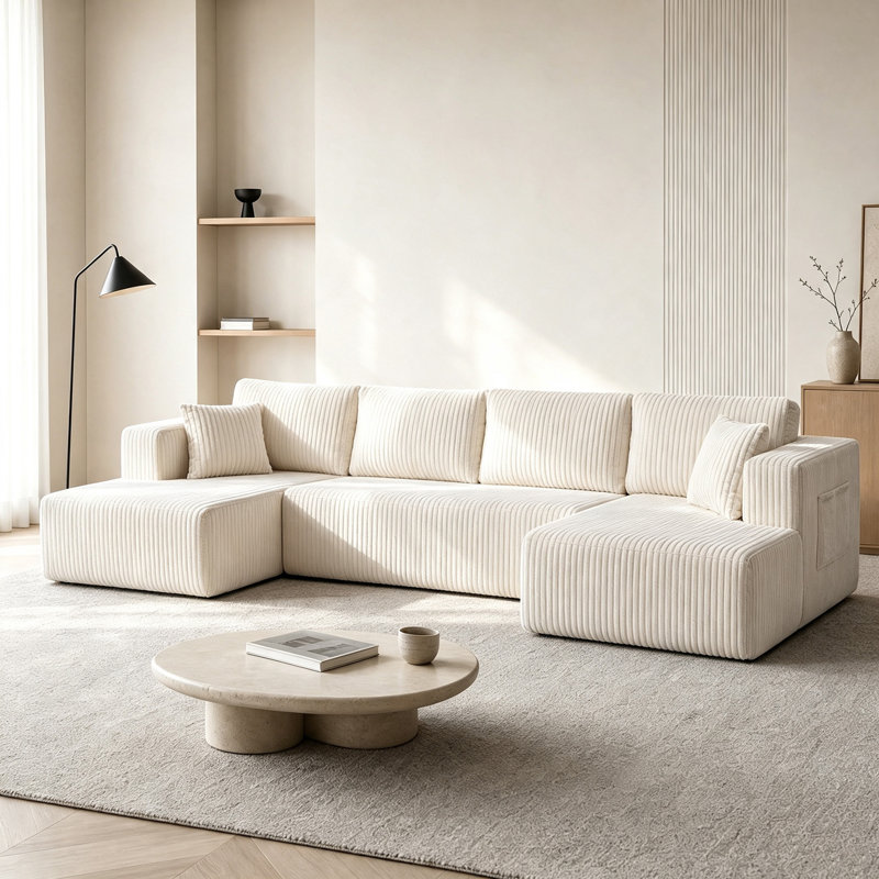 Canapé d'angle modulaire beige en forme de U de 132 pouces, canapé 6 places en mousse compressée effet nuage avec méridienne réversible et poches latérales, revêtement en velours côtelé rayé, mousse et ressorts ensachés pour salon/appartement