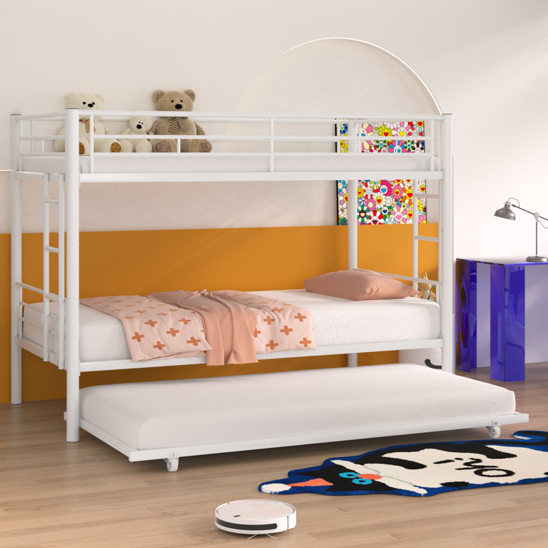 Aafke Twin-Over-Twin Bunk Bed with Trundle,Metal Trundle- W/Safety Rail and Ladder, Beige