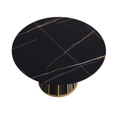 52.18" Round Dining Table With Sintered Stone Surface And Black Iron Base - Accommodates 6, To Cracking, Easy Care For Modern For 6 Top, Base, Stable, High Temperatures, Flames & Stains