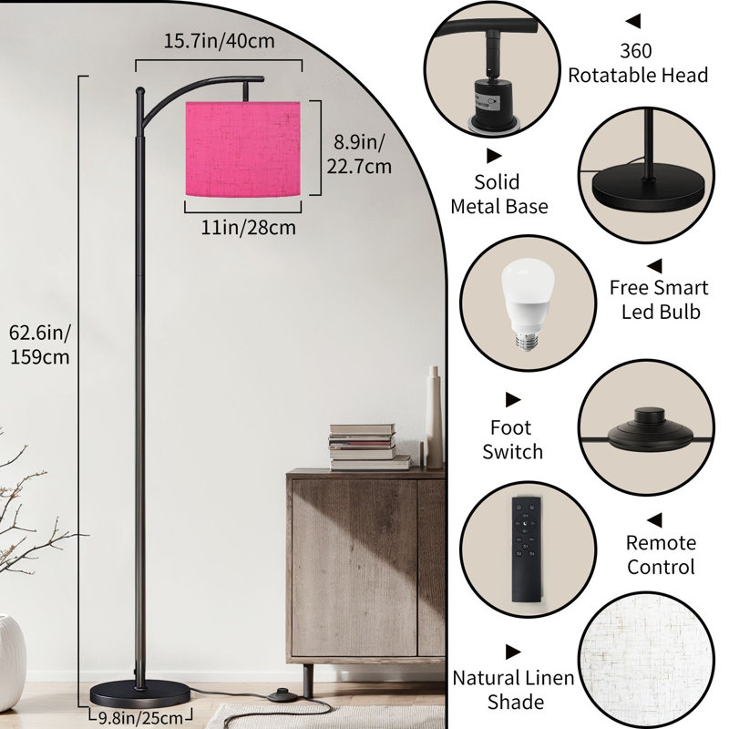  Arc Floor Lamp sweet pink felt abstract fibers Tall Modern Standing Lamp LED Adjustable Linen Lampshade 3 Color Temperatures