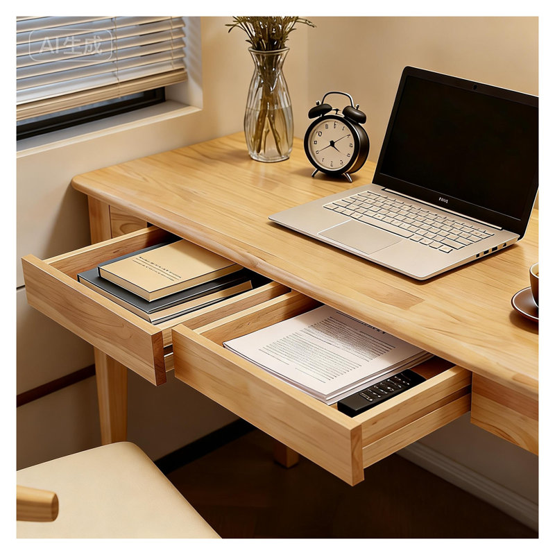 Solid Wood Desk with Drawers - Mid Century Modern Home Office Desk, Standing Desk for Small Spaces, Study Writing Table with Smooth Edges for Bedroom, Living Room