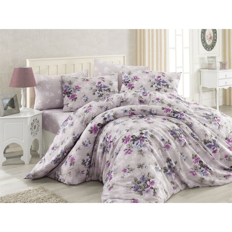 Ensemble de housse de couette 100% coton Eligah, Housse de couette double + 2 taies d'oreiller stan, Mauve clair