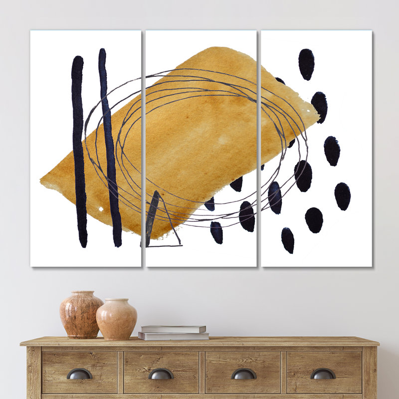 Abstrait géométrique en brun avec pois noirs - reproduction d'art moderne sur toile, H 28 po x l 36 po x P 1 po