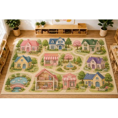 "Ultra Thin" 5' x 7' Dollhouse Village Area Rug, Soft Low Pile Indoor Rug with Non-Slip Silicone Backing for Kids Room and Playroom, Beige