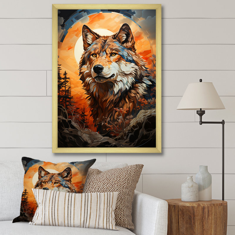 Loup amérindien brun avitto, H 20 po x l 12 po x P 1 po, Encadrement doré