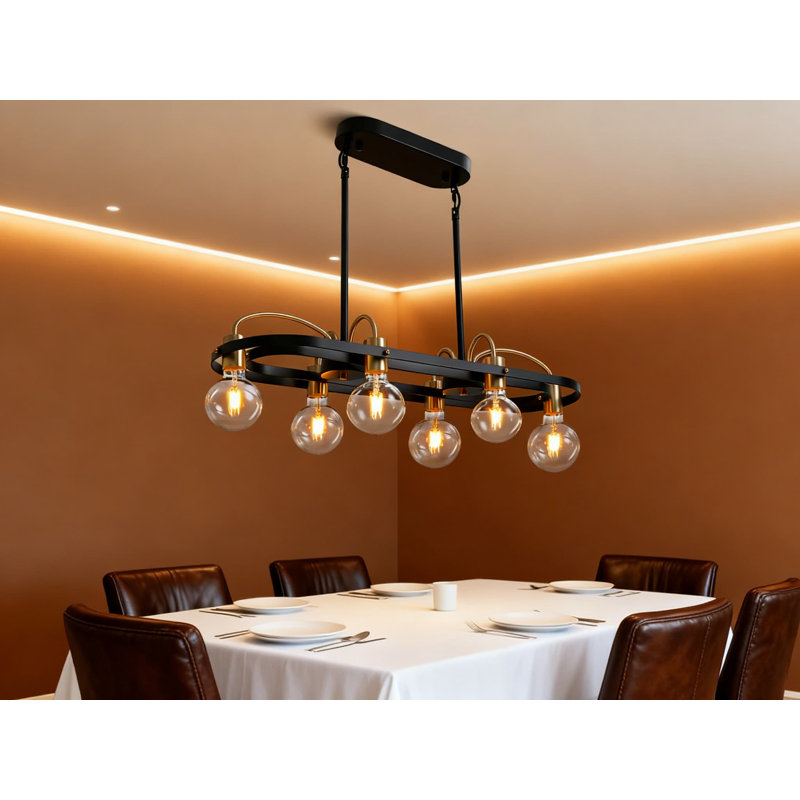 Lustre linéaire 6 lumières, luminaire suspendu moderne noir et doré pour îlot de cuisine sur table