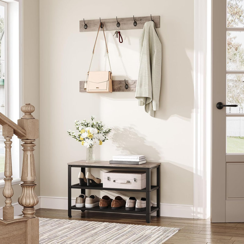 Hall Tree Entryway Storage Bench, Coat Rack Shoe Bench, Shoe Rack Organizer With Coat Hooks, 3-In-1 Design, Wooden Furniture With Metal Frame
