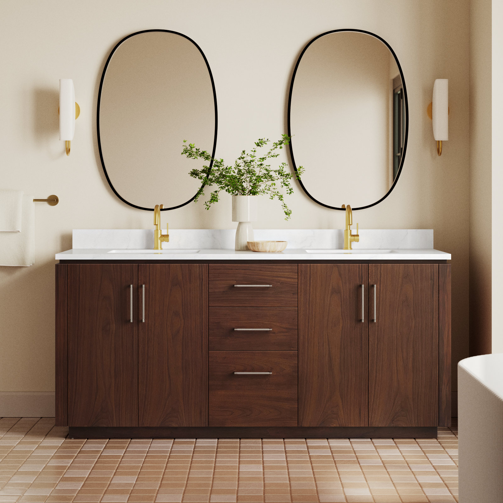 Cloverfield 72'' Double Bathroom Vanity, Natural Walnut, Gold