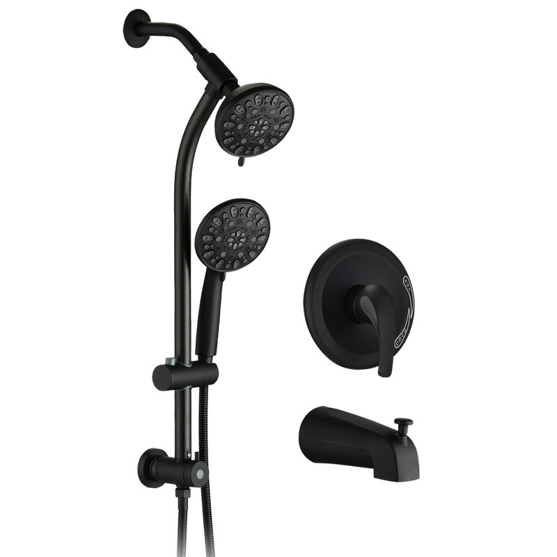 Douche à barre coulissante en acier inoxydable, deux têtes, noir mat, 7 réglages, débit de 1,8 gal / min, douche à boyau avec perceuse - acier, option pluie / brouillard
