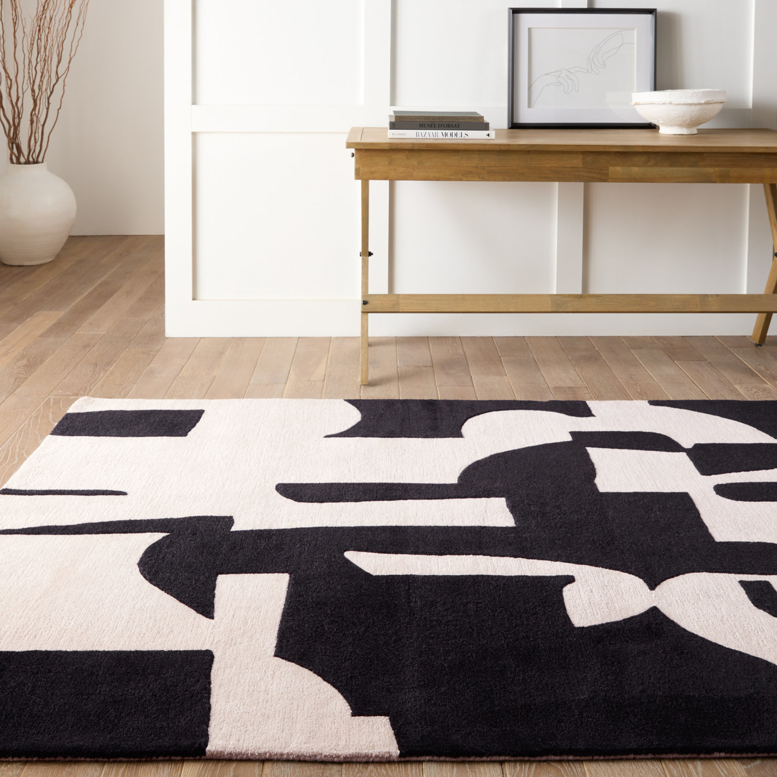 Black Cream Hand-Tufted Abstract Rug, Rectangle 6' x 9'