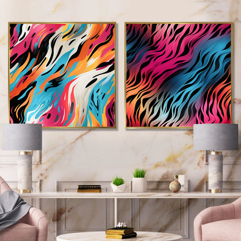 Cylin - ensemble de 2 impressions sur toile abstraites, Cadre flottant doré, H 30 po x l 61 po x P 1 po
