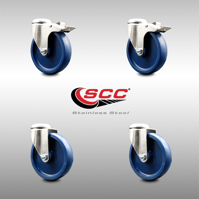 Solid Polyurethane Swivel Bolt Hole Caster Set with 2 Lock Brake, 5" H x 5" W