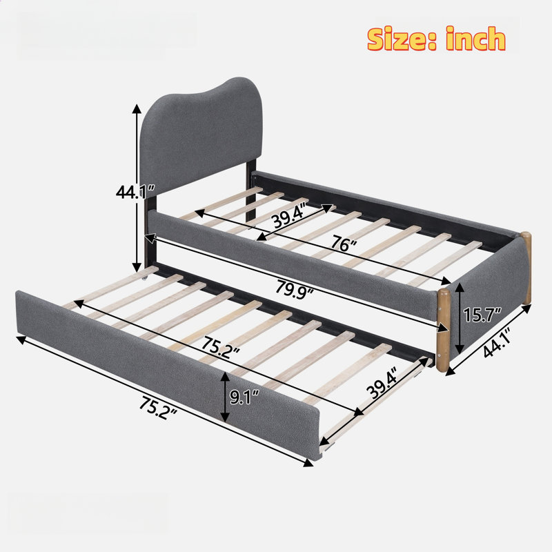 Upholstered Platform Bed with Twin Size Trundle Syrina, Gray, Twin