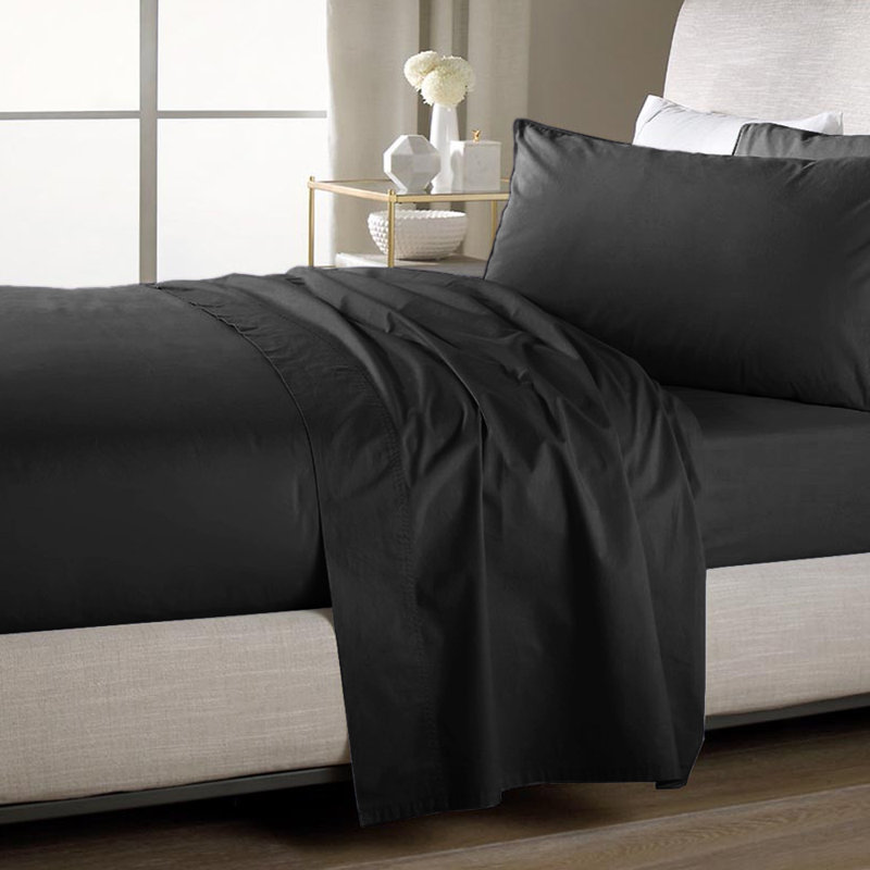 Simple drap plat / dessus seulement, microfibre ultra douce à double brossage, Noir, Drap plat pour lit simple