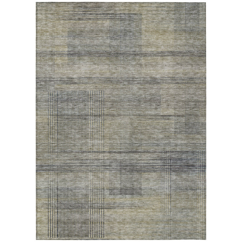 Tapis extérieur lavable rayé beige et gris 9 pi x 12 pi kaki