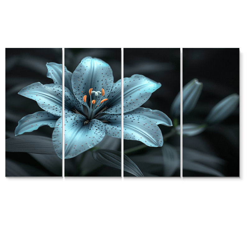 «Modern Modern White and Blue Glass Lilies Photo II», ensemble d'art sur toile, H 28 po x l 48 po
