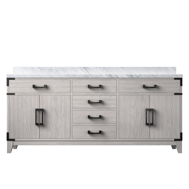 Meuble-lavabo double en chêne blanc 72 po X P 22 po D, avec plateau en marbre de Carrare, Chêne blanc