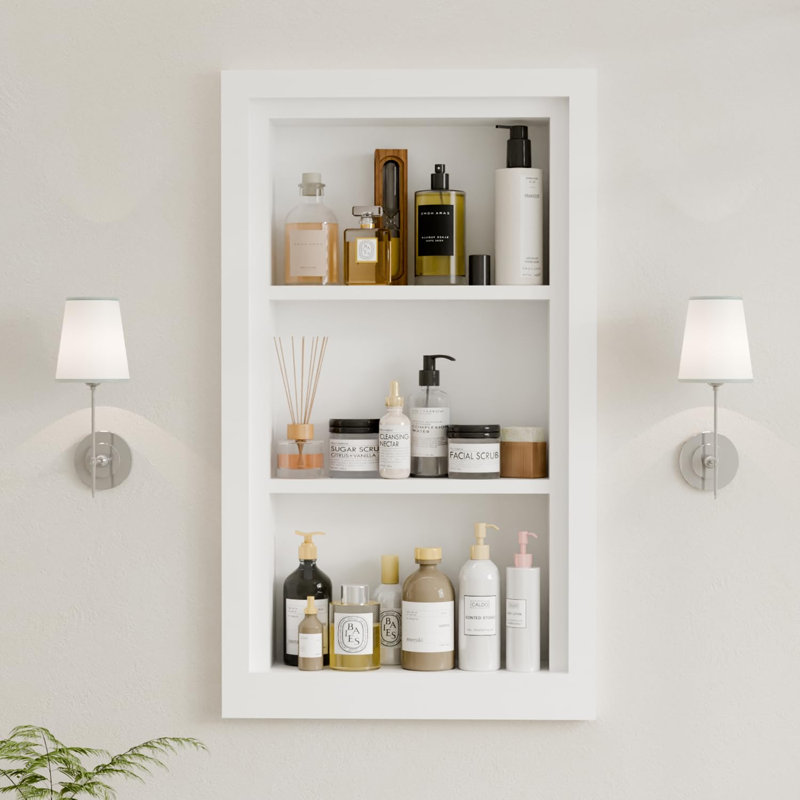  14x24 In Recessed Wood Bathroom Wall Cabinet, 3-Tier Solid Wooden Medicine Cabinet Organizer & Wall Niche With Storage , White