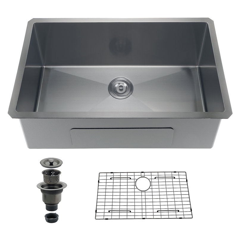 Évier de cuisine encastrable 32 po, évier de poste de travail en acier inoxydable T-304 de calibre 16, profondeur de 10 po, finition brossée, avec grille inférieure et ensemble de drain