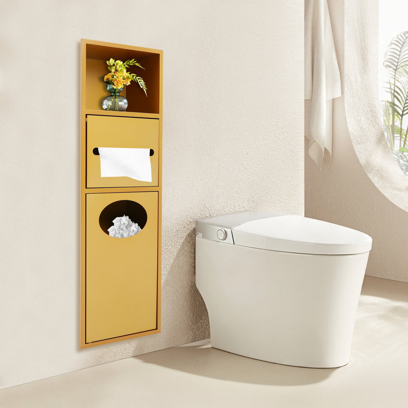 Bathroom Wall Niche, Bathroom Cabinet With Toilet Paper Holder And Trash Can, Gold