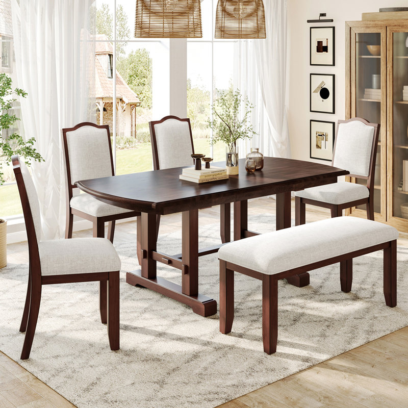Table de salle à manger extensible en bois avec 4 chaises d'appoint rembourrées, Cerisier