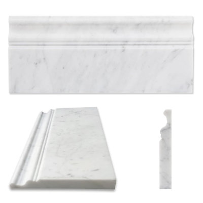 Moulure de plinthe en marbre blanc de Carrare Diflart, paquet de 5, rond de 5 po x 12 po, poli