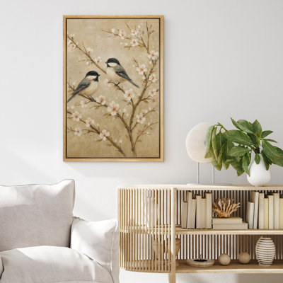 Chickadee Birds on Blooming Branches in Soft Neutral Tons - Art encadré sur toile