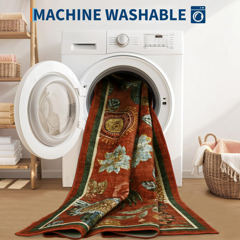 Tapis lavable 8 x 10 avec envers antidérapant en TPR, tapis floraux de style botanique de ferme, revêtement de sol à poils courts et doux, tapis à imprimé pliable antidérapant pour le bureau du salon, rouge