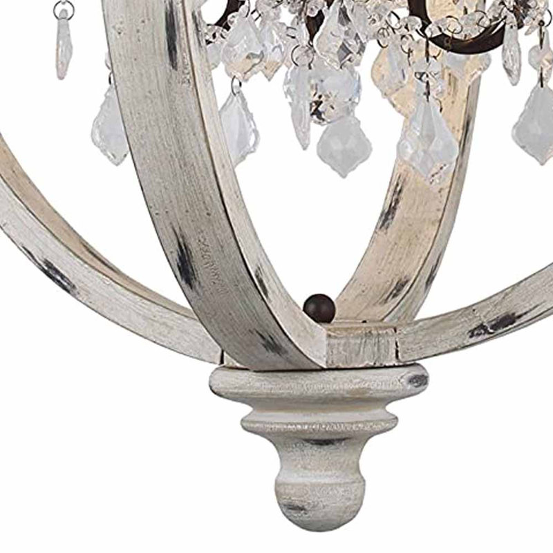 Lustre globe 4 lumières façon bougie en bois blanc délavé, Nickel satiné