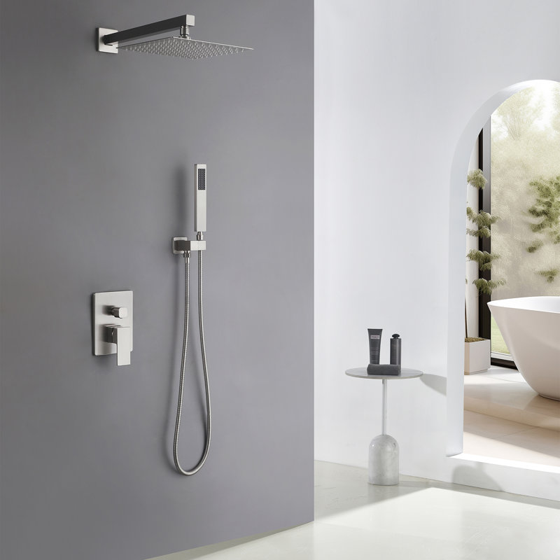 Modern 10" Rectangle Wall Mounted Complete Shower System With Anti-Scald Pressure Balance Valve, Brushed Nickel