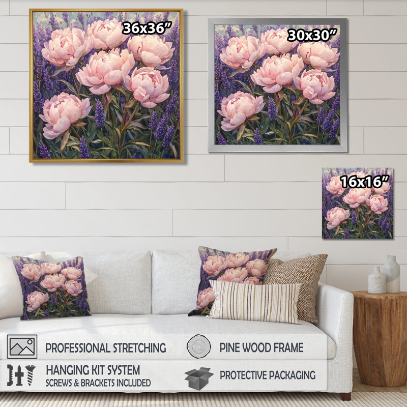 Grandes pivoines dans le jardin de lavande III - pivoines, art mural, Toile tendue, Ne s’applique pas, H 16 po x l 16 po
