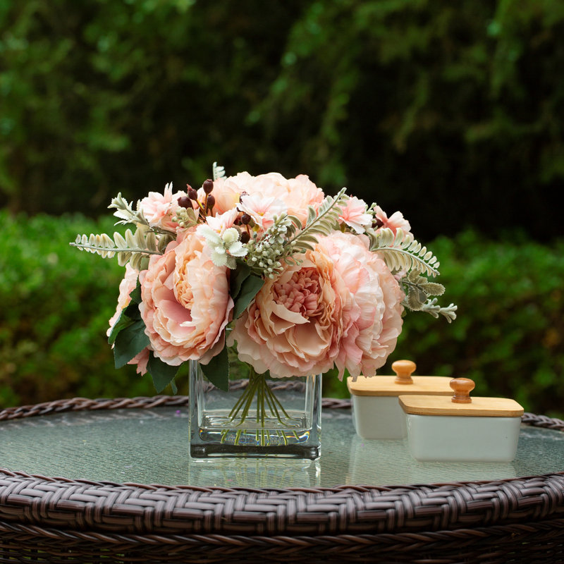 Silk Peony Arrangement in Vase, Champagne