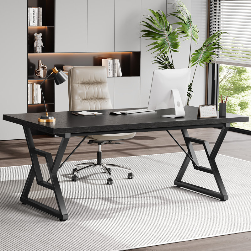 Bureau d'ordinateur avec plateau en bois épais et structure en métal, H 29,52 po x l 70,8 po x P 31,5 po, Noir