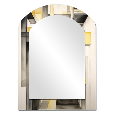 Yellow and Grey Intersecting Realities II - Abstract Shapes Arch Decorative Mirror, Yellow Asymmetrical Wall Mirror, Printed Metal Art
